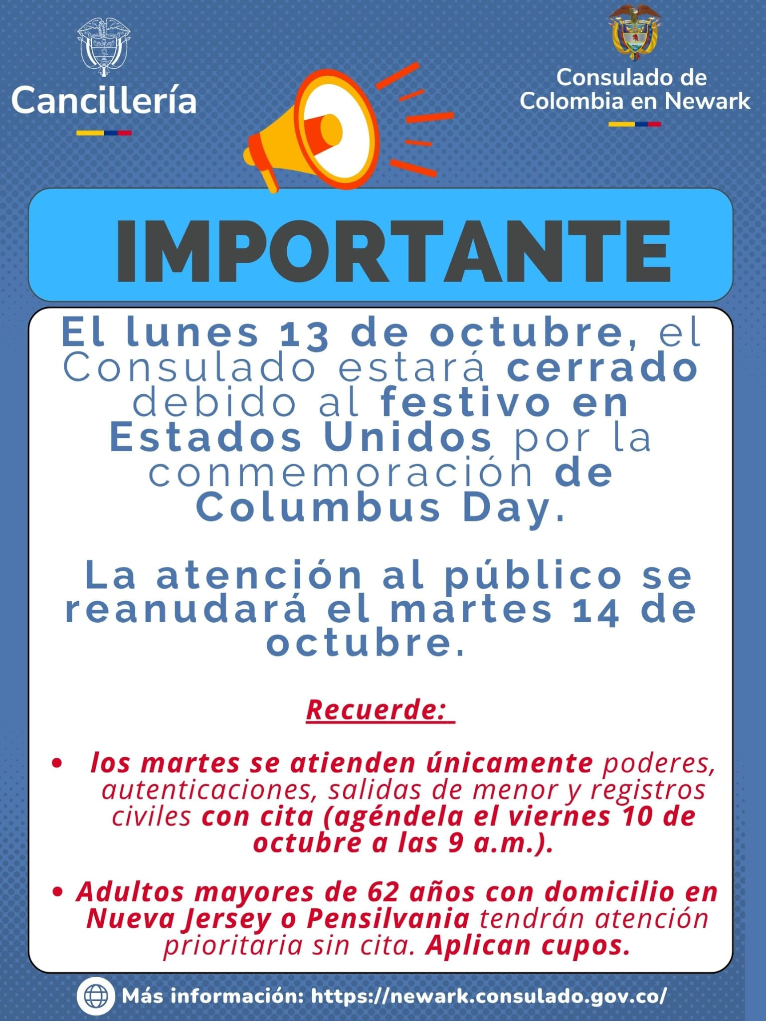 Consulado en Newark no prestará atención este 13 de octubre