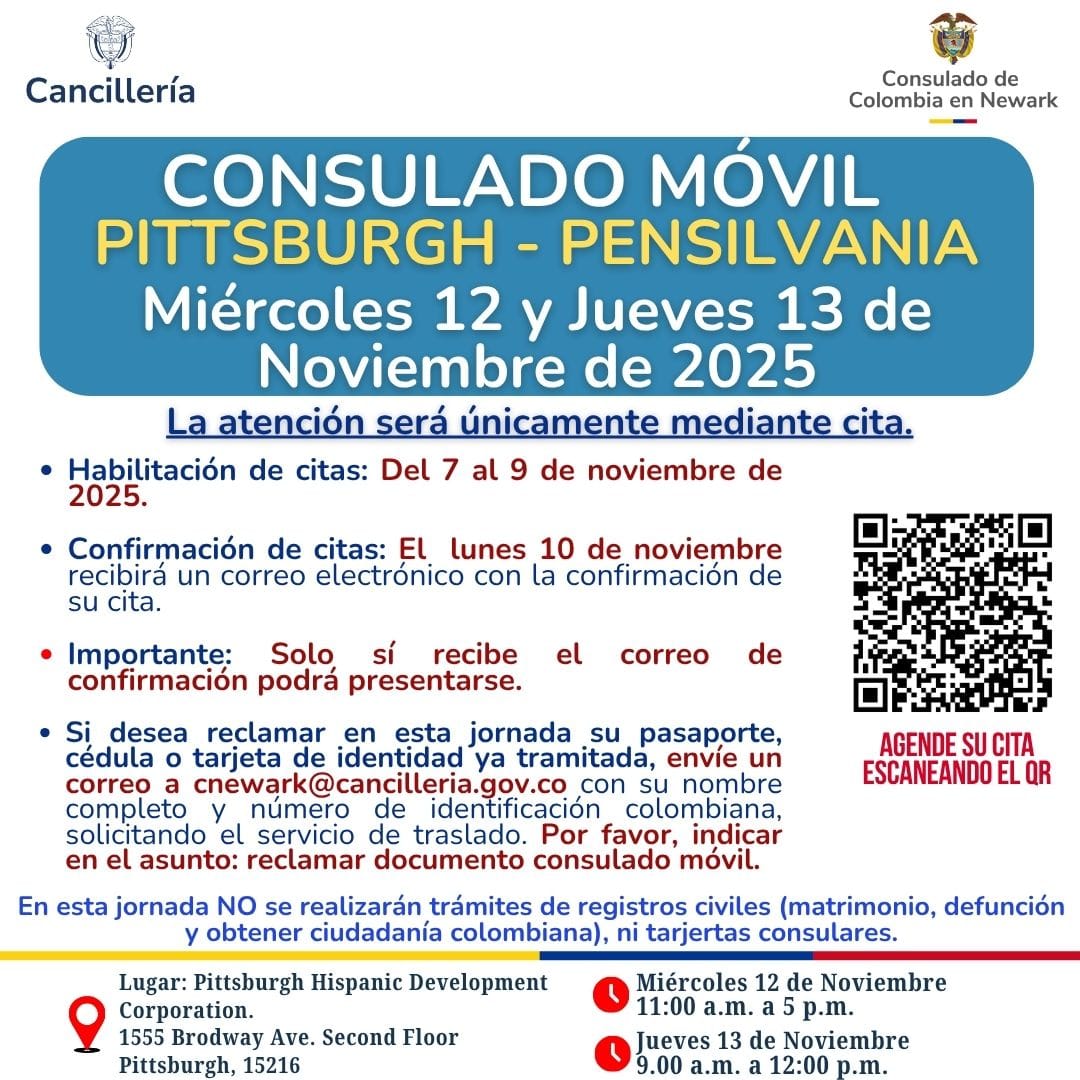 El miércoles 12 y jueves 13 de noviembre de 2025 se realizará una jornada de Consulado Móvil en Pittsburgh – Pensilvania