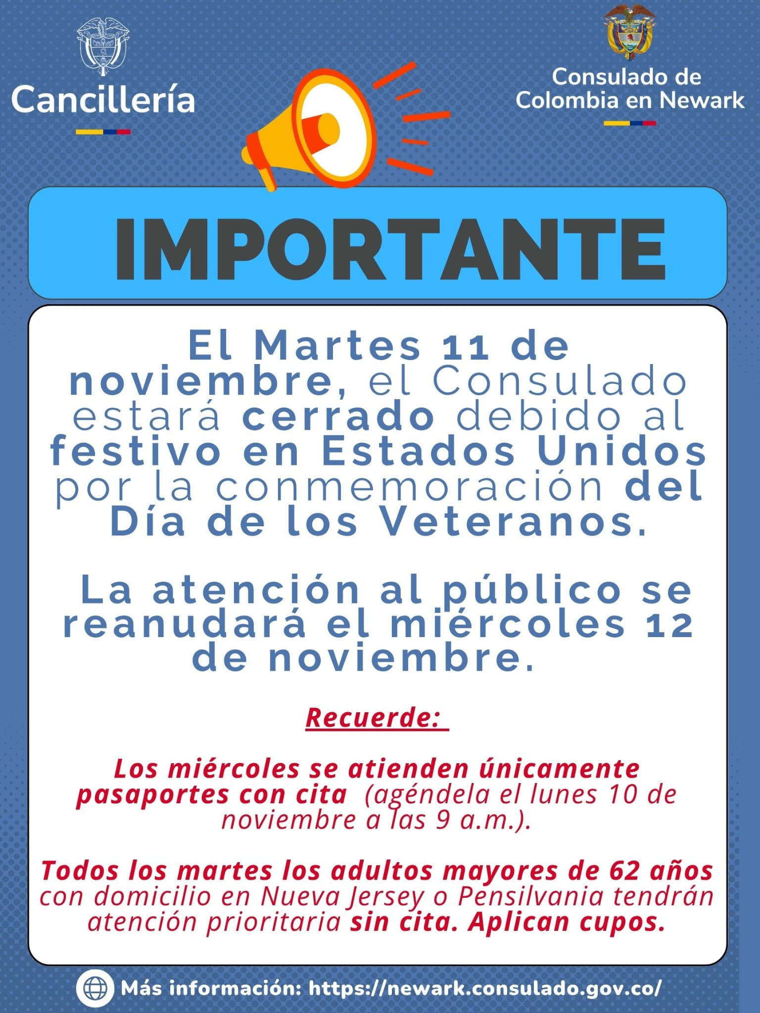 Consulado en Newark no atenderá el 11 de noviembre por festivo en Estados Unidos