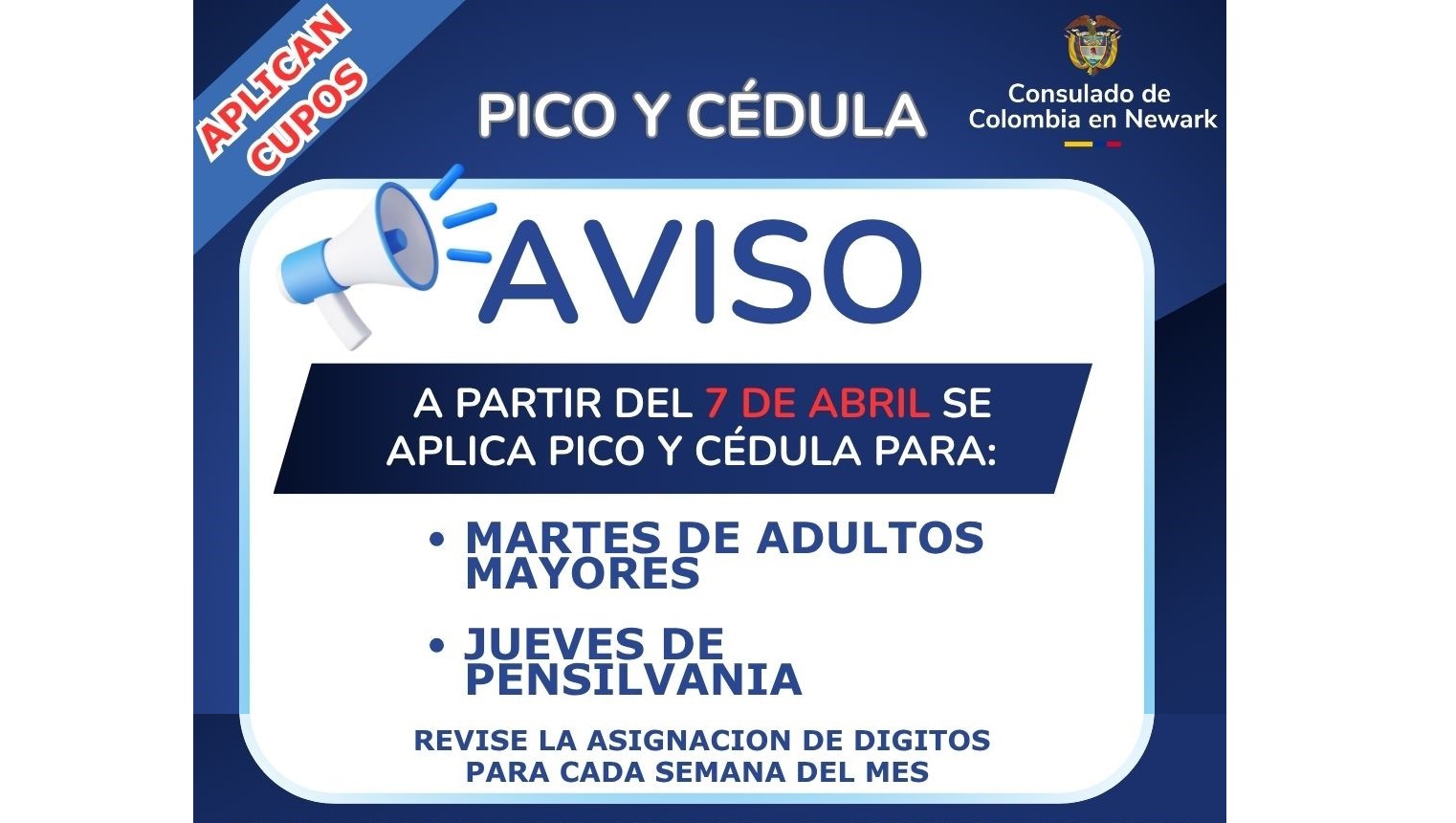 Banner pico y placa sin cita jueves y martes en Newark