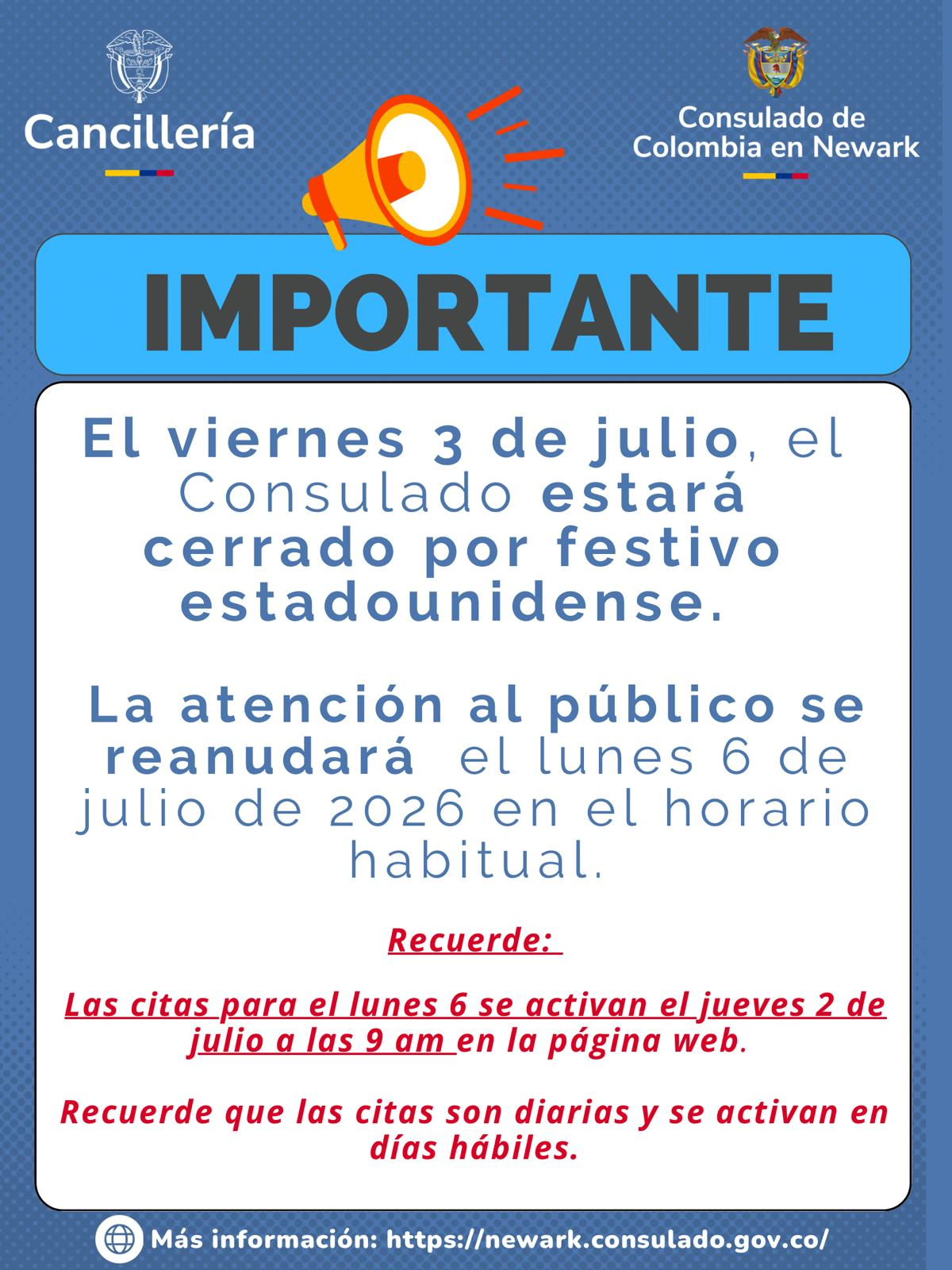Cierre del Consulado por Festivo Julio 3.