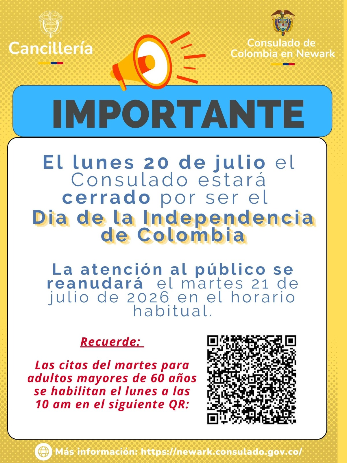 El Consulado General de Colombia en Newark no prestará atención al público el 20 de julio de 2026
