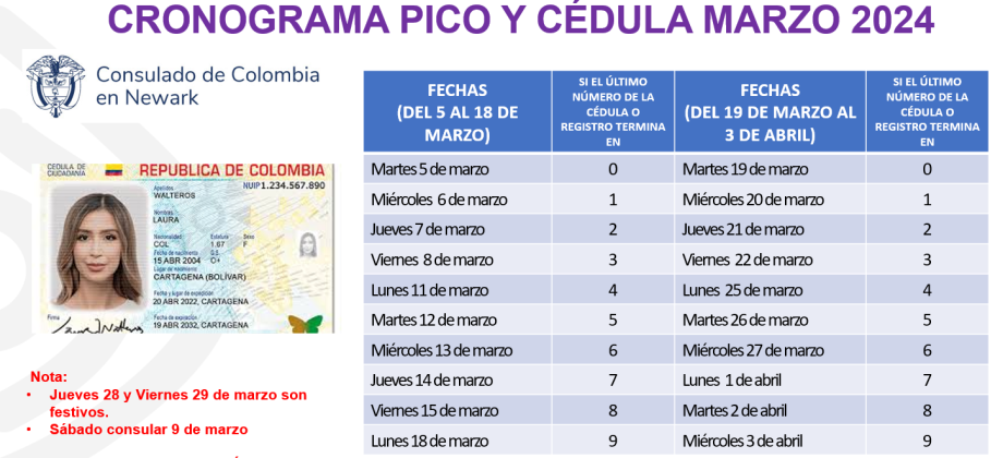 Cronograma de Pico y Cédula del Consulado de Colombia en Newark para la atención al público en marzo de 2024