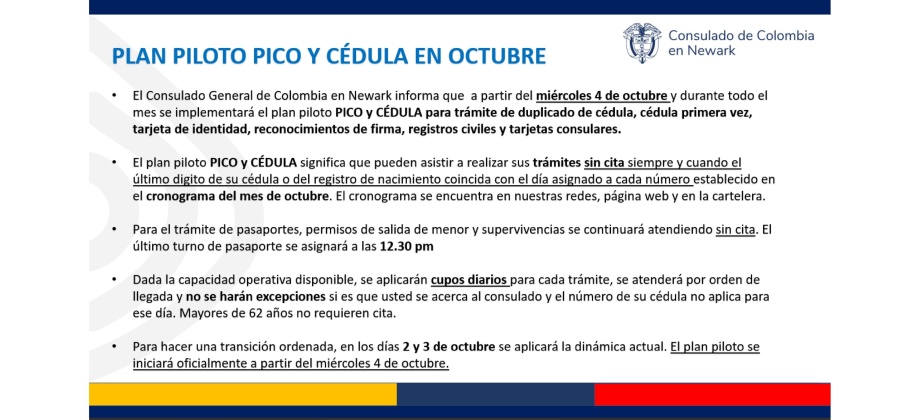 A partir del 4 de octubre de 2023 el Consulado de Colombia en Newark implementará el plan piloto Pico y Cédula
