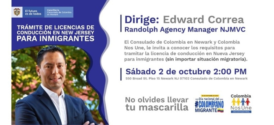 Este sábado 2 de octubre conozca los requisitos para tramitar la licencia de conducir para inmigrantes, conferencia organizada por el Consulado de Colombia en Newark 