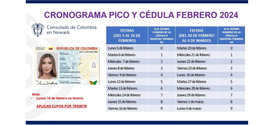 Cronograma de Pico y Cédula del Consulado de Colombia en Newark para la atención al público en febrero 2024