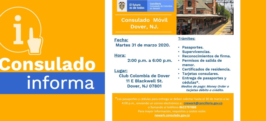 El Consulado de Colombia en Newark realizará una jornada móvil en Dover el martes 31 de marzo de 2020