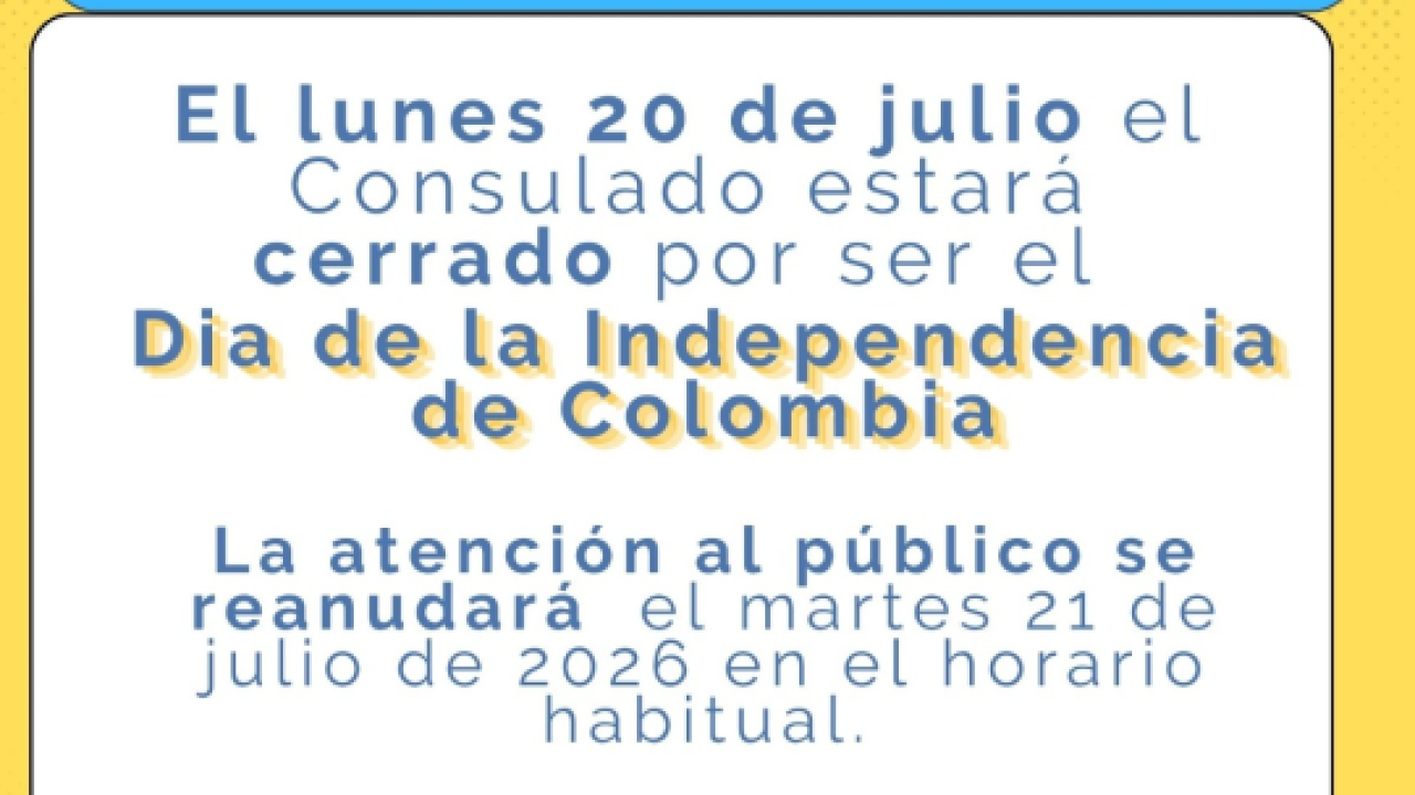El Consulado General de Colombia en Newark no prestará atención al público el 20 de julio de 2026