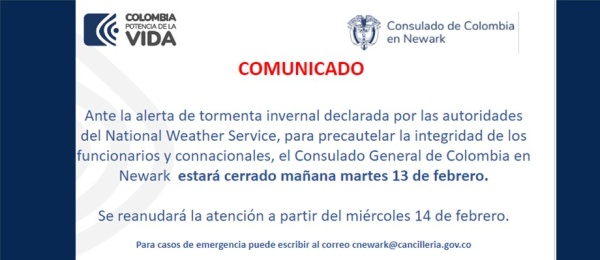 Consulado de Colombia en Newark no tendrá atención al público hoy 13 de febrero por tormenta