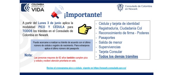Consulado de Colombia en Newark realiza la atención de trámites de acuerdo con el cronograma de pico y cédula