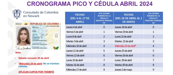 Cronograma de Pico y Cédula del Consulado de Colombia en Newark para la atención al público en abril de 2024