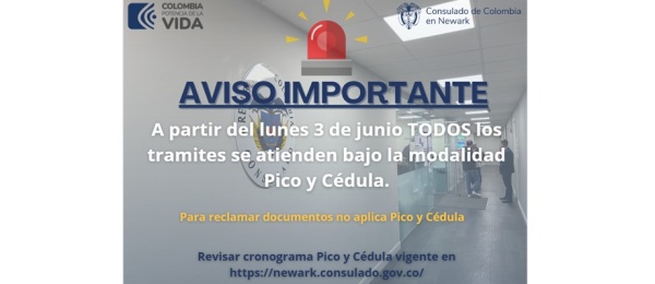 Consulado de Colombia en Newark informa que todos los trámites se atienden bajo la modalidad de pico y cédula