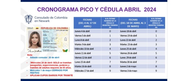 Cronograma de Pico y Cédula del Consulado de Colombia en Newark para la atención al público en abril de 2024