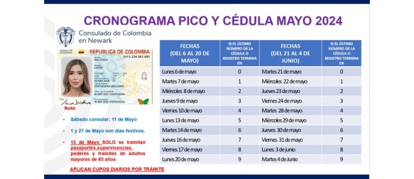 Cronograma de Pico y Cédula del Consulado de Colombia en Newark para la atención al público en mayo de 2024