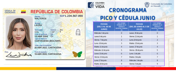 Cronograma de Pico y Cédula del Consulado de Colombia en Newark para la atención al público en junio de 2024