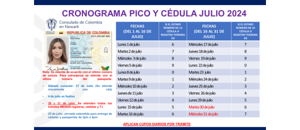 Cronograma de Pico y Cédula del Consulado de Colombia en Newark para la atención al público en julio de 2024