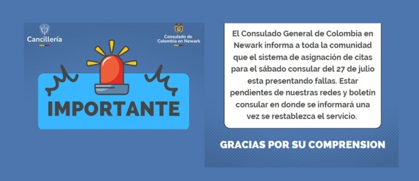 Banner anunciando inconvenientes con la plataforma de agendamiento de citas para el sábado consular del 27 de julio de 2024