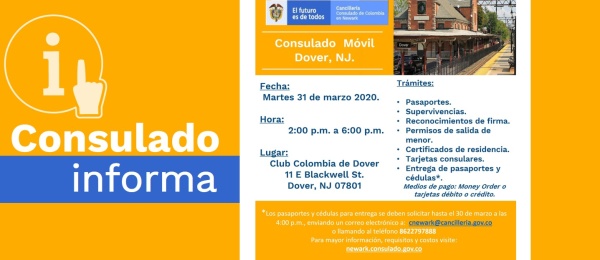 El Consulado de Colombia en Newark realizará una jornada móvil en Dover el martes 31 de marzo de 2020