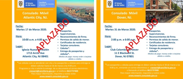 Consulado de Colombia en Newark informa aplazamiento de los consulados móviles programados para el 17 (Atlantic City) y 31 de marzo (Dover) de 2020